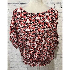 NWT MICHAEL Michael Kors floral short-sleeve blouse smocked bottom Large $110